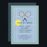 Tennis Court Racquet Blue Boy Birthday Invitation<br><div class="desc">This cute "Game,  set,  match!" boy's birthday invitation features a pair of racquets,  a ball on a tennis court background in blue and green. The reverse side features a navy blue background with white polka dots. Personalise for your needs. You can find more matching products at my store.</div>