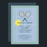 Tennis Court Racquet Blue Boy Birthday Invitation<br><div class="desc">This cute "Game,  set,  match!" boy's birthday invitation features a pair of racquets,  a ball on a tennis court background in blue and green. The reverse side features a navy blue background with white polka dots. Personalise for your needs. You can find more matching products at my store.</div>