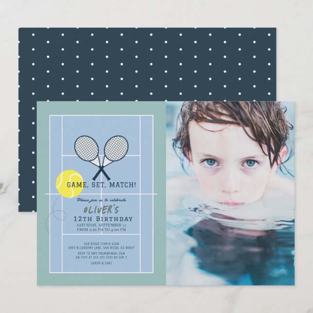 Tennis Court Racquet Blue Boy Photo Birthday Invitation (Front/Back)