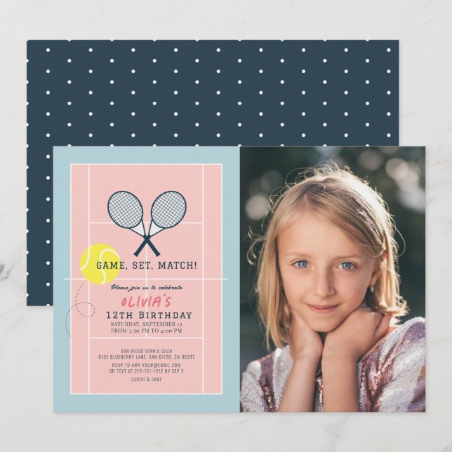 Tennis Court Racquet Pink Girl Photo Birthday Invitation (Front/Back)
