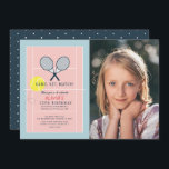 Tennis Court Racquet Pink Girl Photo Birthday Invitation<br><div class="desc">This cute "Game,  set,  match!" girl's photo birthday invitation features a pair of racquets,  a ball on a tennis court background in pink and blue. The reverse side features a navy blue background with white polka dots. Personalise for your needs. You can find more matching products at my store.</div>