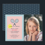Tennis Court Racquet Pink Girl Photo Birthday Invitation<br><div class="desc">This cute "Game,  set,  match!" girl's photo birthday invitation features a pair of racquets,  a ball on a tennis court background in pink and blue. The reverse side features a navy blue background with white polka dots. Personalise for your needs. You can find more matching products at my store.</div>
