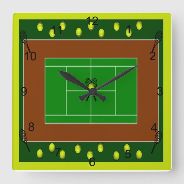 Tennis Court & Tennis Racquets Square Wall Clock (Front)