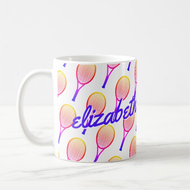 Tennis Custom Name Bright Pink Purple Personalised Coffee Mug (Left)