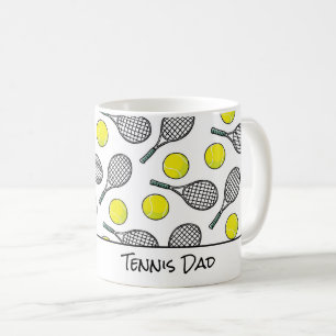 Tennis Dad Mum Balls Racquets Yellow White Black Coffee Mug