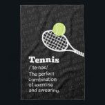 Tennis Definition Exercise and Swearing  Tea Towel<br><div class="desc">Personalised tennis kitchen towel with a simple tennis racket graphic and funny tennis quote definition "Tennis, the perfect combination of exercise and swearing" in black and white and grey with subtle symbol swear words in the background. A perfect tennis themed gift for any tennis player with a foul mouth who...</div>