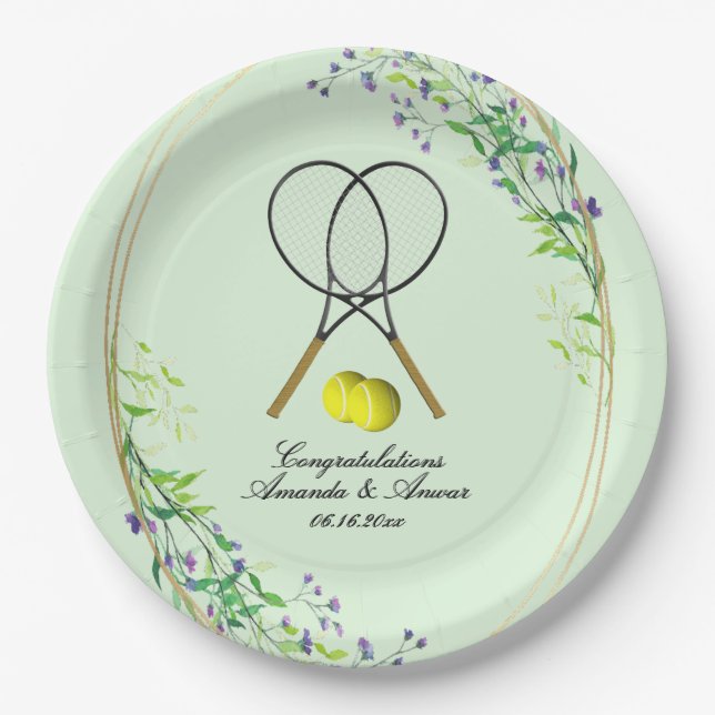 Tennis Doubles Wedding 3 Text Lines Green Paper Plate (Front)