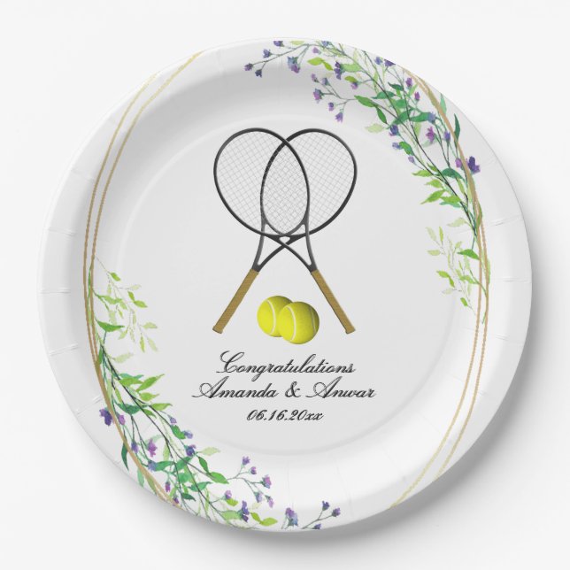 Tennis Doubles Wedding 3 Text Lines Paper Plate (Front)