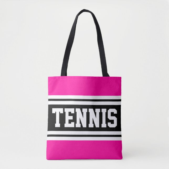 TENNIS Fun Bright Pink Black White Racing Stripes Tote Bag (Front)