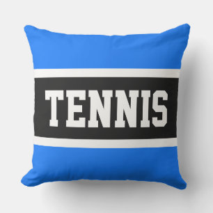 TENNIS Fun Sporty Bold Bright Blue Black Stripes Cushion