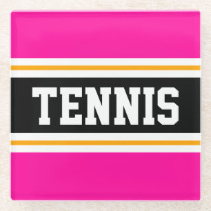 TENNIS Fun Sporty Bright Pink Black Racing Stripes Glass Coaster