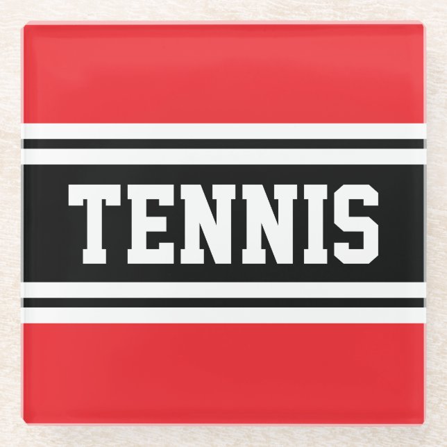 TENNIS Fun Sporty Bright Red Black Racing Stripes Glass Coaster (Front)