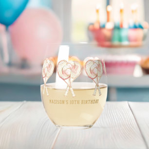 Tennis Girl Birthday Personalised Watercolor Stemless Wine Glass