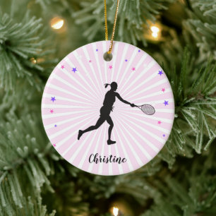 Tennis Girl Playing Sport Pink Sunset Colorful Ceramic Tree Decoration