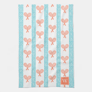 Tennis Greek Key Stripe Coral & Turquoise Monogram Tea Towel