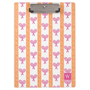 Tennis Greek Key Stripe Hot Pink & Orange Monogram Clipboard