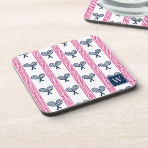Tennis Greek Key Stripe - Navy & Hot Pink Monogram Coaster
