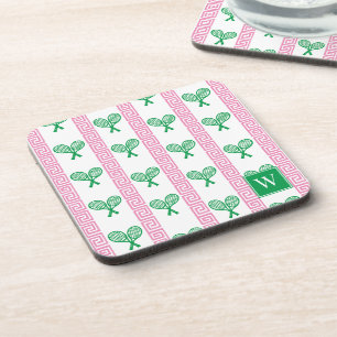 Tennis Greek Key Stripe - Pink & Green Monogram Coaster