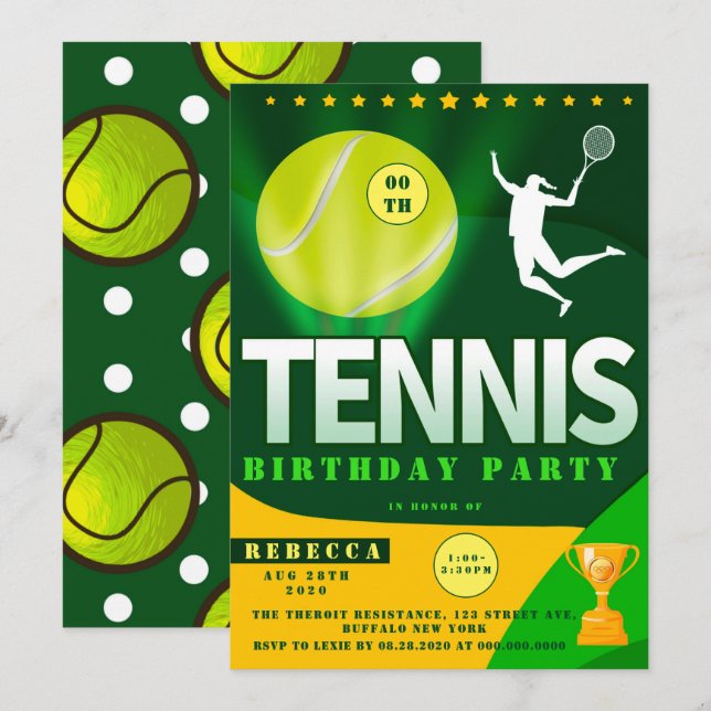 Tennis Green and Yellow Birthday Party Invitations (Front/Back)