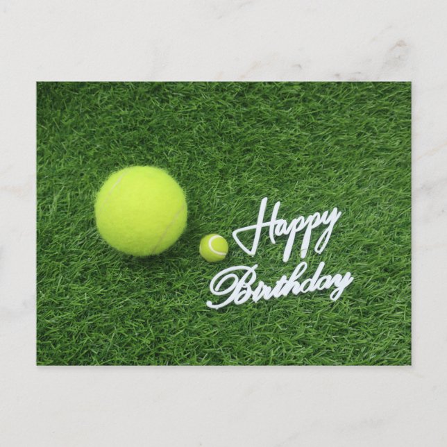 Tennis Happy birthday and balls on green grass Postcard (Front)