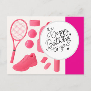Tennis Happy Birthday with ball and racket pink Postcard