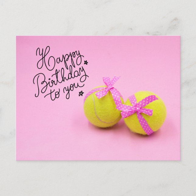 Tennis Happy Birthday with ball and  racket pink Postcard (Front)