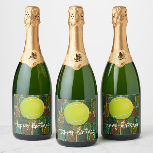 Tennis  Happy Birthday with ball and racket   Sparkling Wine Label (Bottles)