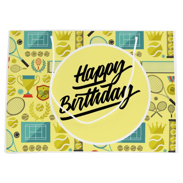 Tennis Happy Birthday with ball  and racket yellow Large Gift Bag (Front)
