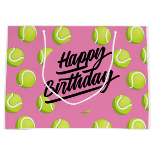 Tennis Happy Birthday with ball on pink  Large Gift Bag
