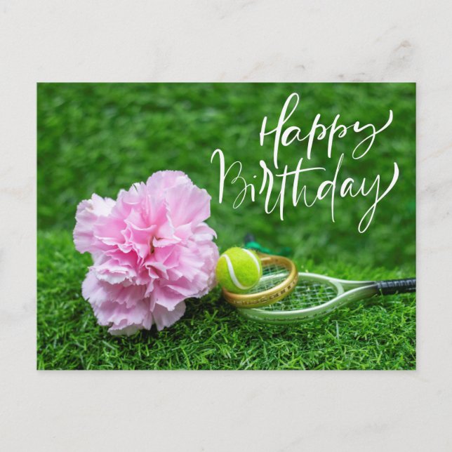 Tennis Happy Birthday with Carnation Flower  Postcard (Front)