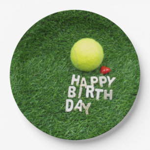 Tennis Happy Birthday with love heart Paper Plate