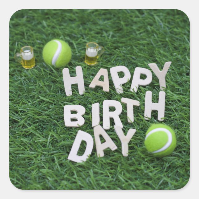 Tennis Happy Birthday With tennis ball on grass Square Sticker (Front)