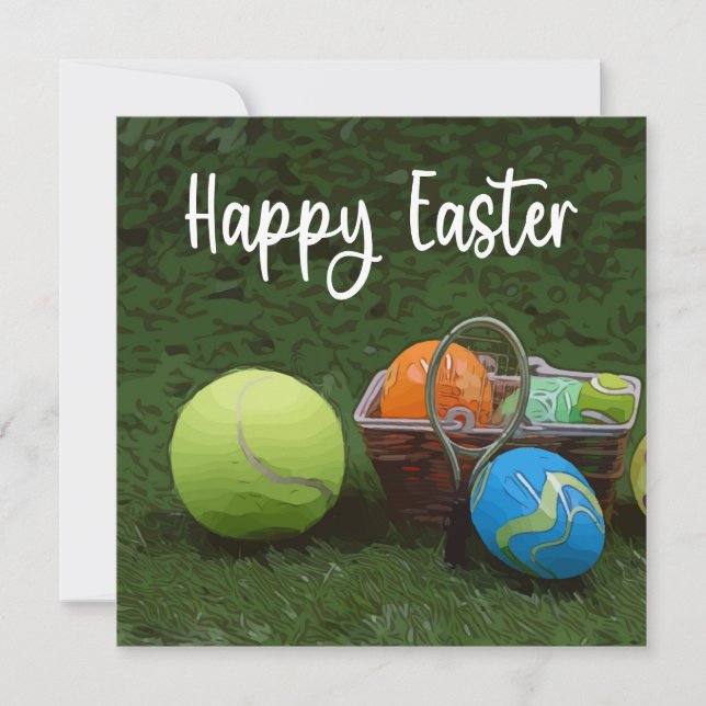 Tennis Happy Easter with ball and eggs on green Holiday Card (Front)