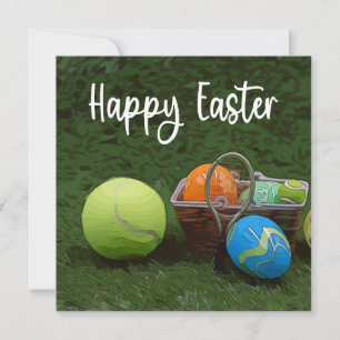 Tennis Happy Easter with ball and eggs on green Holiday Card