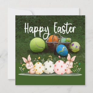 Tennis Happy Easter with ball and eggs on green Holiday Card