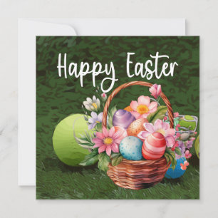 Tennis Happy Easter with ball and eggs on green Holiday Card