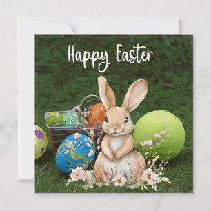Tennis Happy Easter with ball and eggs on green Holiday Card