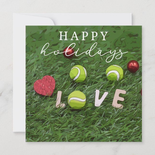 Tennis Happy Holidays with ball on green love  Holiday Card (Front)