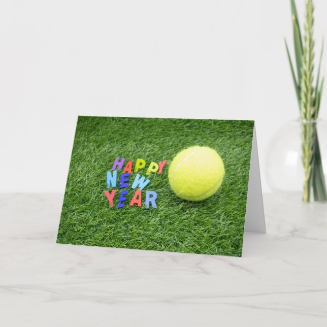 Tennis happy New Year & tennis ball and Santa hat Holiday Card (Front)