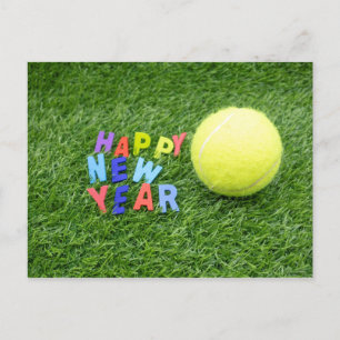Tennis Happy New Year with tennis ball on green Holiday Postcard