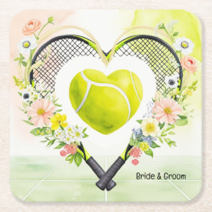 TENNIS heart shape for LOVE Wedding  Square Paper Coaster