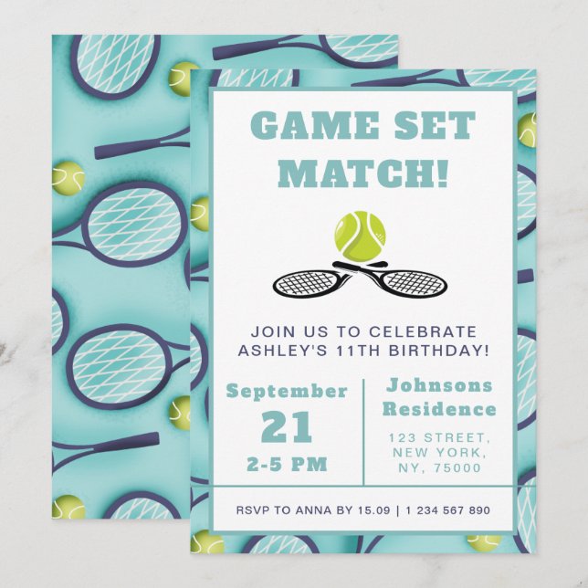 Tennis Kids 11th Birthday Party Sport Theme Racket Invitation (Front/Back)