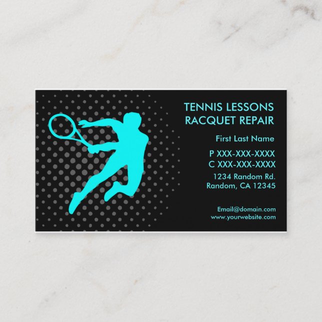 Tennis lessons racquet repair custom business card (Front)