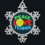 Tennis Love Blue Snowflake Pewter Christmas Ornament<br><div class="desc">I love playing tennis. A cute tennis player Christmas gift with a yellow tennis ball as the O in Love. Peace and Tennis written in blue and green.</div>