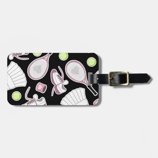 Tennis Love Pattern Pink and Black Luggage Tag (Front Horizontal)