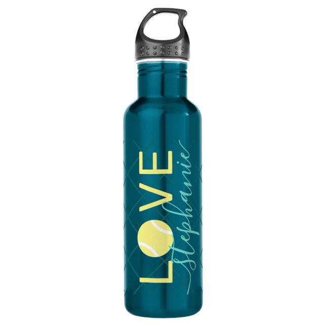 Tennis Love Personalised Teal and Yellow 710 Ml Water Bottle (Front)