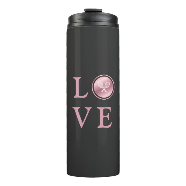 Tennis Love Pink Rose Gold Typography Cute Rackets Thermal Tumbler (Front)