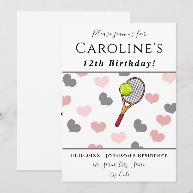 Tennis Love Romantic Hearts Pink & Grey Kids Party Invitation (Front/Back)