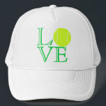 Tennis Love Trucker Hat<br><div class="desc">This "Tennis Love" hat is sure to score some points with tennis players. (That's called, "irony, " children.) The hat spells out the word, "LOVE" in green, open faced lettering, while using a tennis ball for the "O". The design works on many levels, so just pick your favourite and order...</div>