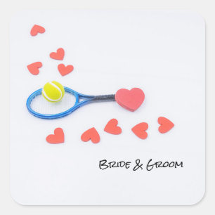 Tennis love with tennis ball and racket wedding square sticker